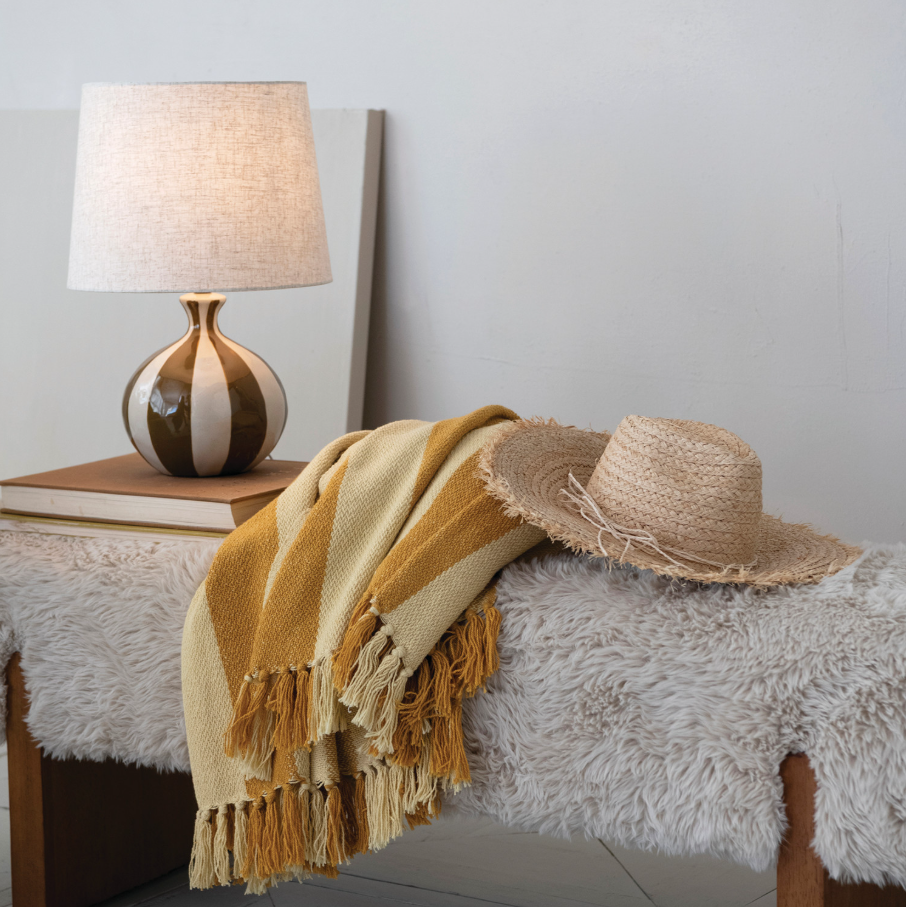 Hand-Painted Stoneware Table Lamp, Mustard & Cream Stripe