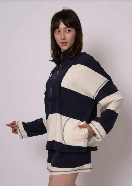 Camille Striped Jersey 1/2 Zip, Navy