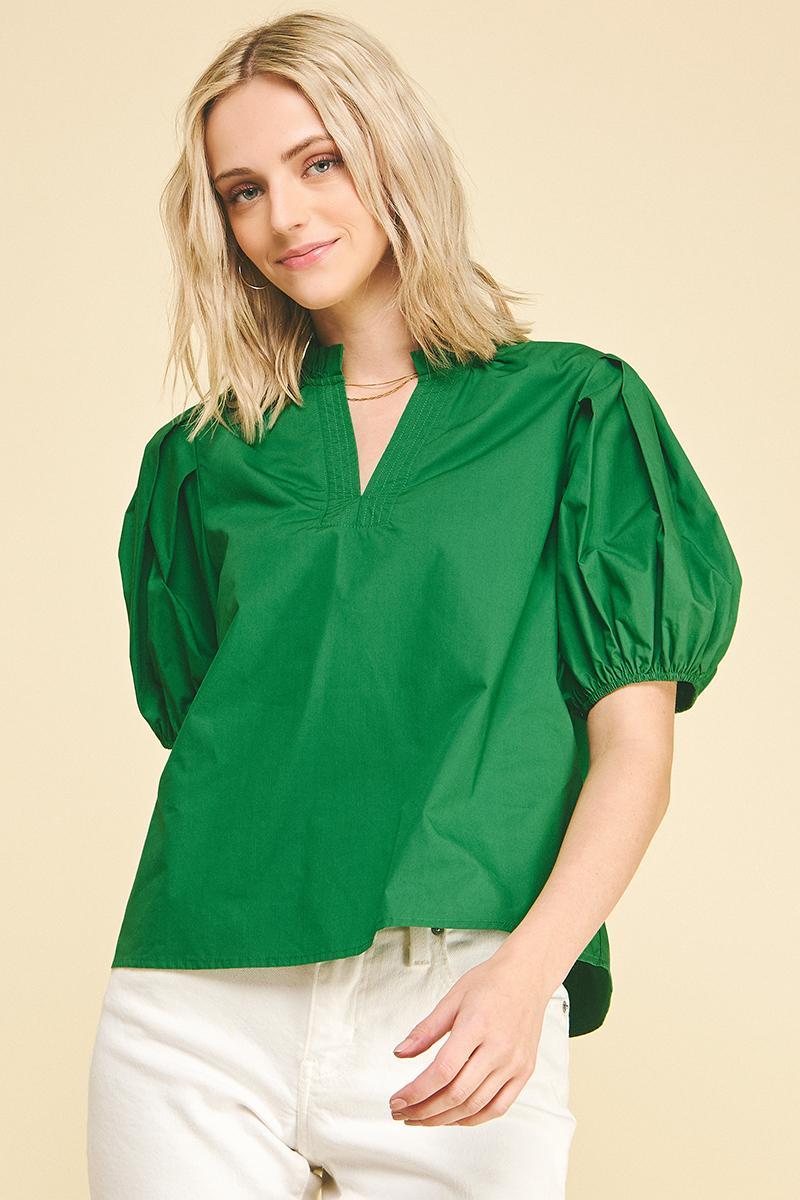 Short Sleeve V-Neck Woven Top, Garden Green
