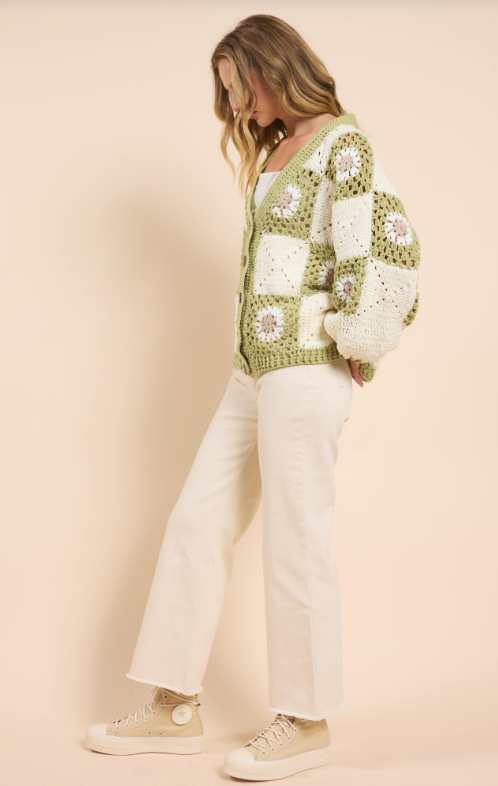 Myriam Daisy Crochet Cardigan, Ivory Green