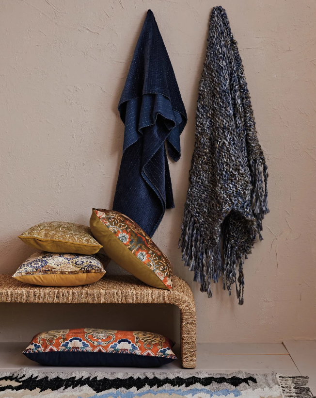 Cotton Velvet Throw w/ Kantha Stitch & Blanket Stitch Edge