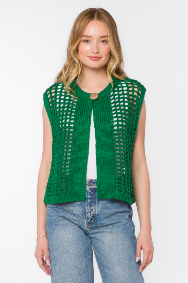 Wren Open-Knit Vest, Green Foliage