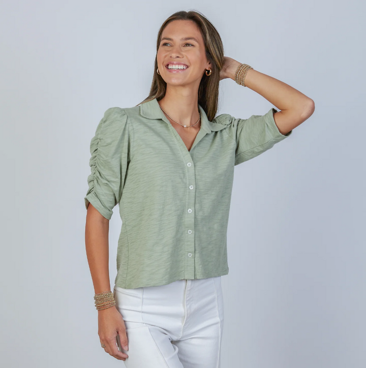 Grace Button-Up Elbow Length Tee, Sage - 13 Hub Lane   |  Button-Ups