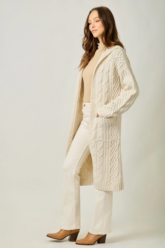 Open Long Hooded Cardigan, Almond