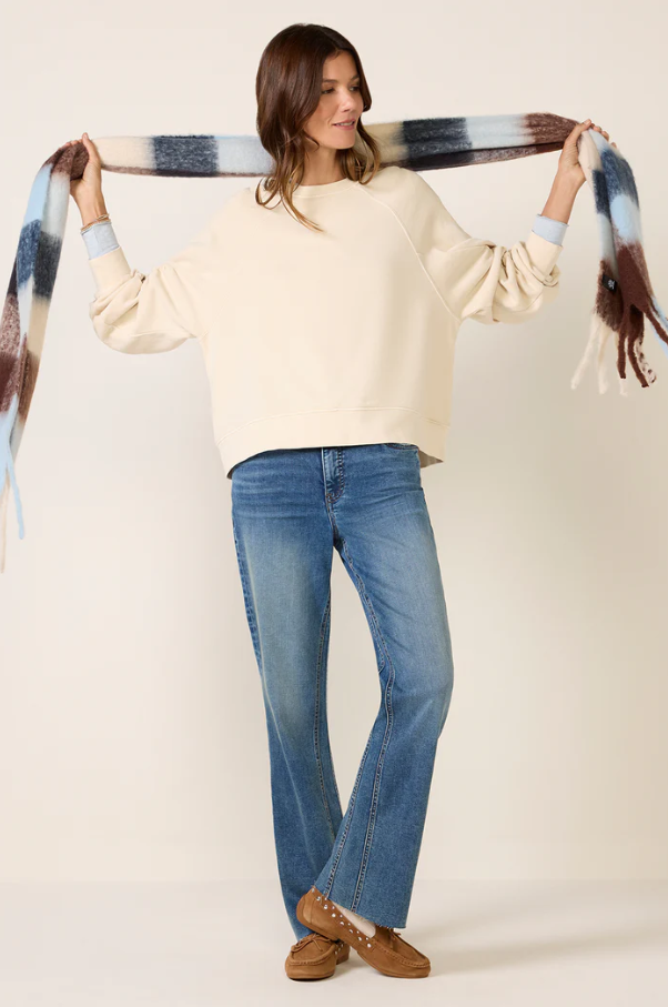 Shirred Sleeve Sweatshirt, Vanilla Cream