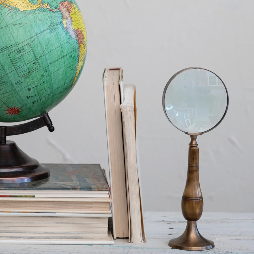 Brass & Bone Magnifying Glass on Stand, Antique Finish