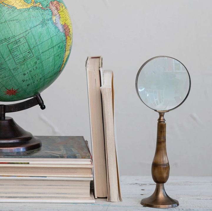 Brass & Bone Magnifying Glass on Stand, Antique Finish