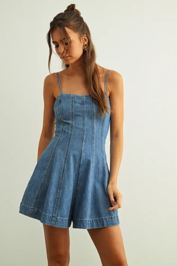 Paneled Romper, Washed Denim - 13 Hub Lane   |  