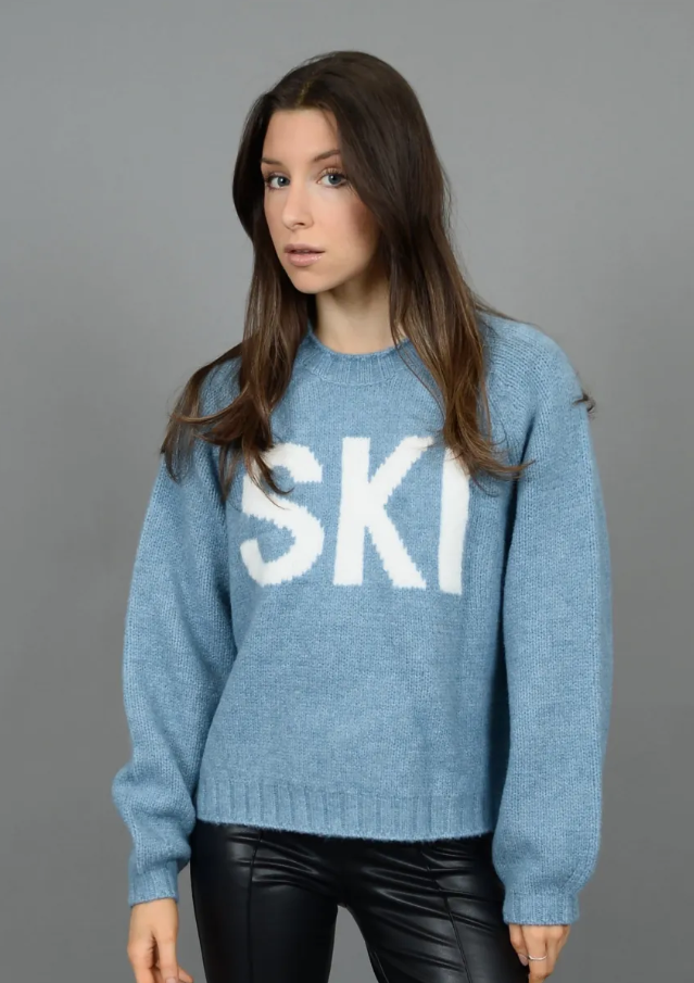 Brunhilde Long Raglan Sleeve Crew "Ski" Sweater, Blue