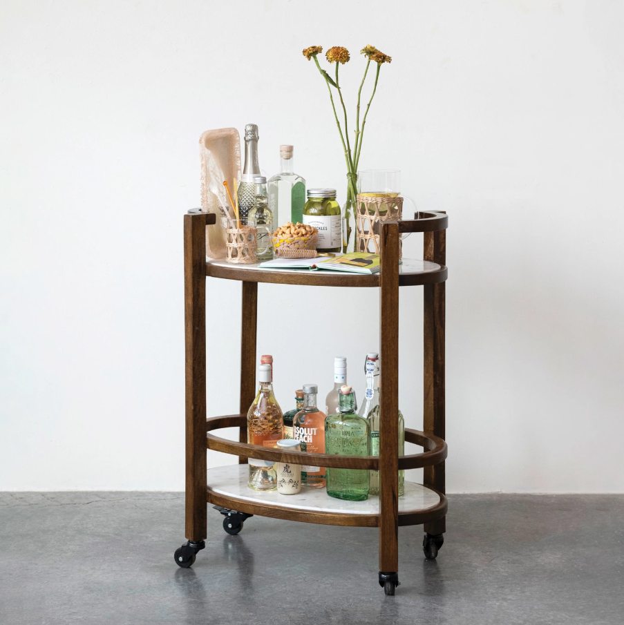 Mango Wood & Marble 2-Tier Bar Cart - Thumbnail 4