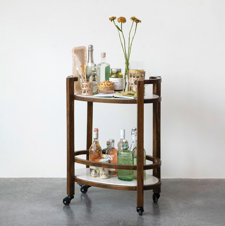 Mango Wood & Marble 2-Tier Bar Cart - 13 Hub Lane   |  Bar Carts