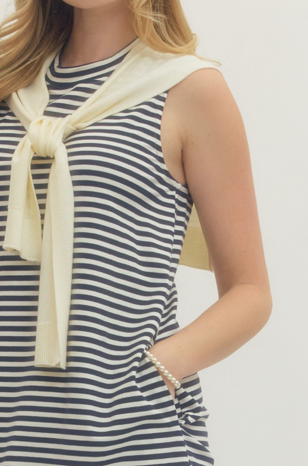 Striped Sleeveless Mini, Cream w/ Navy