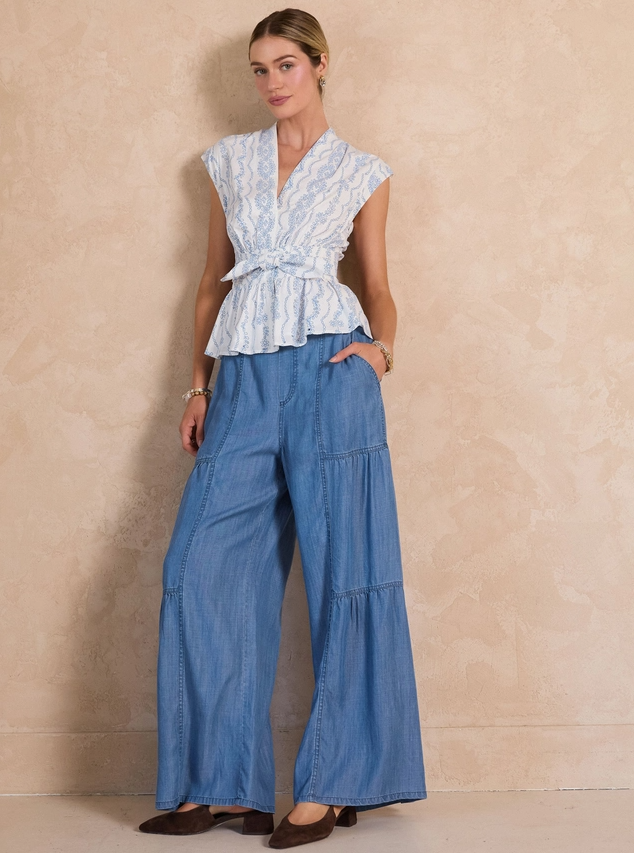 Chambray Tiered Wide Leg Pants