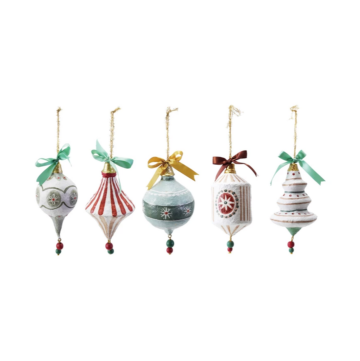 Hand-Painted Paper Mache Ornament w/ Bow - 13 Hub Lane   |  Paper Mache Ornaments