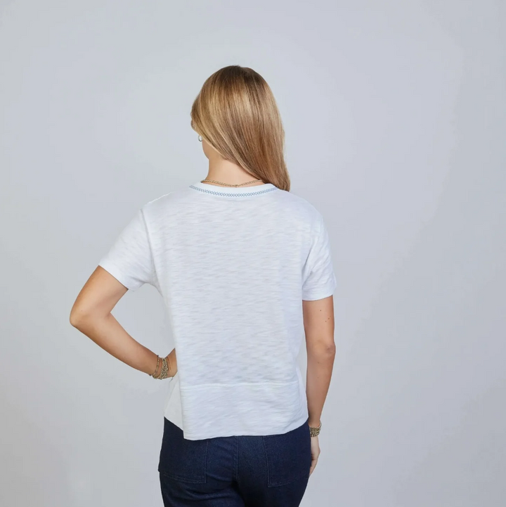 Charli Tee, White w/ Dusty Blue Stitching