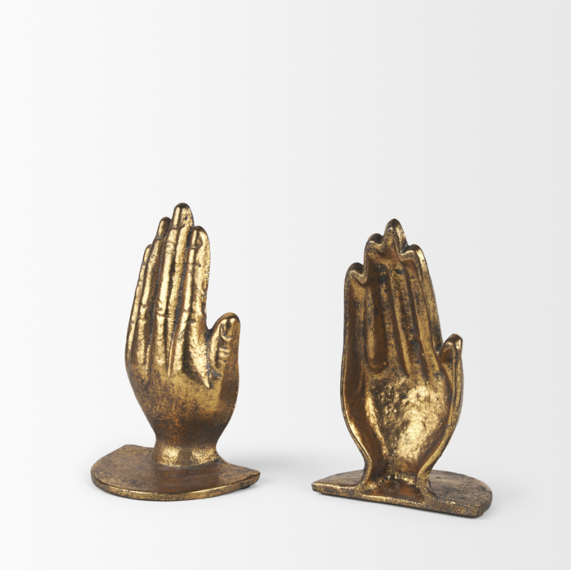 Praying Hands Cast Iron Bookends, Gold