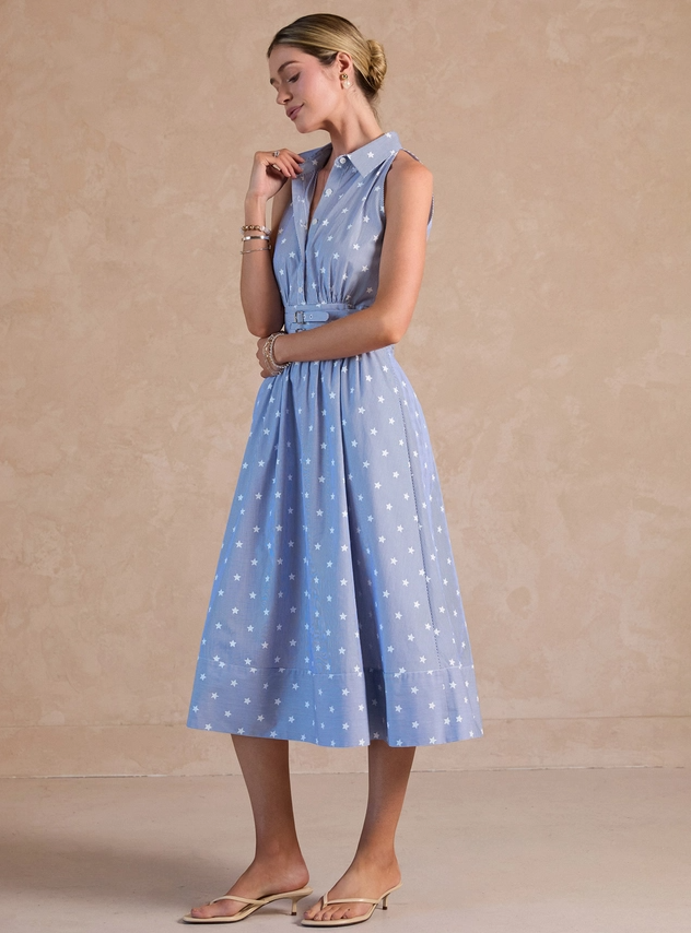 Striped Star Print Belted Midi, Blue