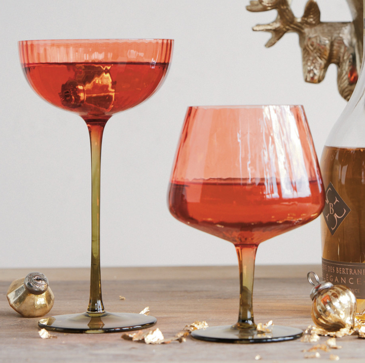 Ribbed Stemmed Glass, Red & Olive