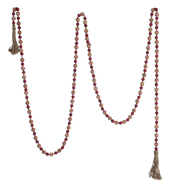 Paulownia Wood Bead Garland w/ Jute Tassels, Pink & Red