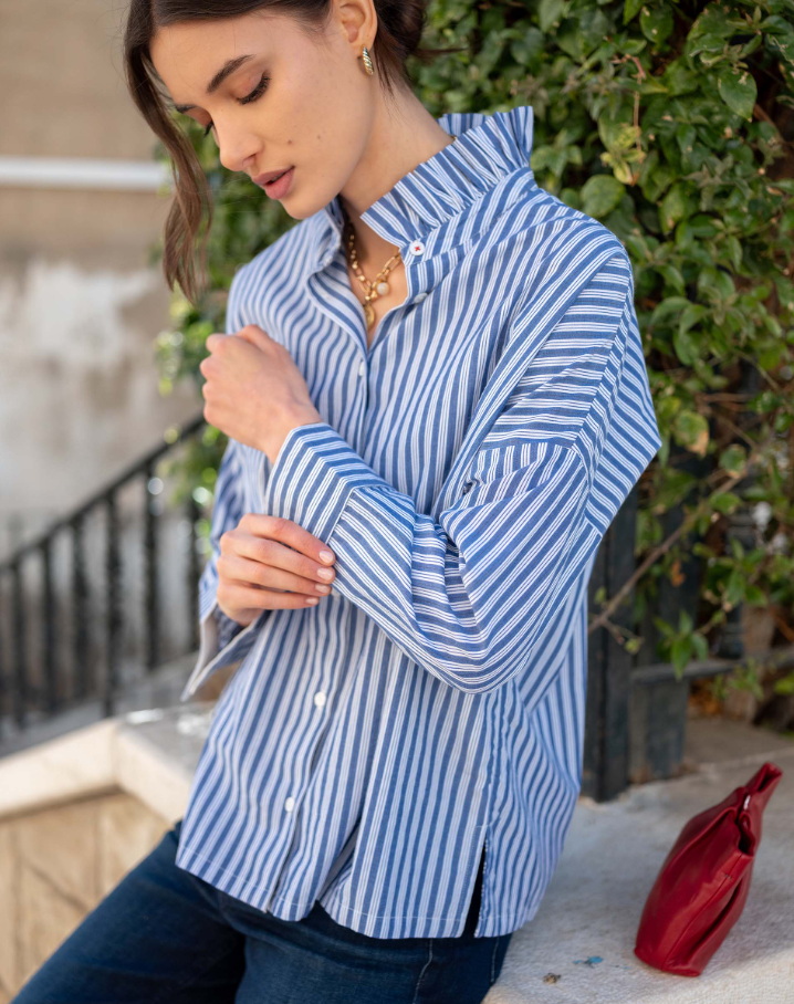 Emerson Elizabethan Collar Top, Blue Double Stripe