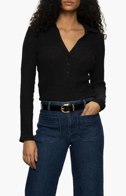 Long Sleeve Textured Top, Black - 13 Hub Lane   |  Button-Ups