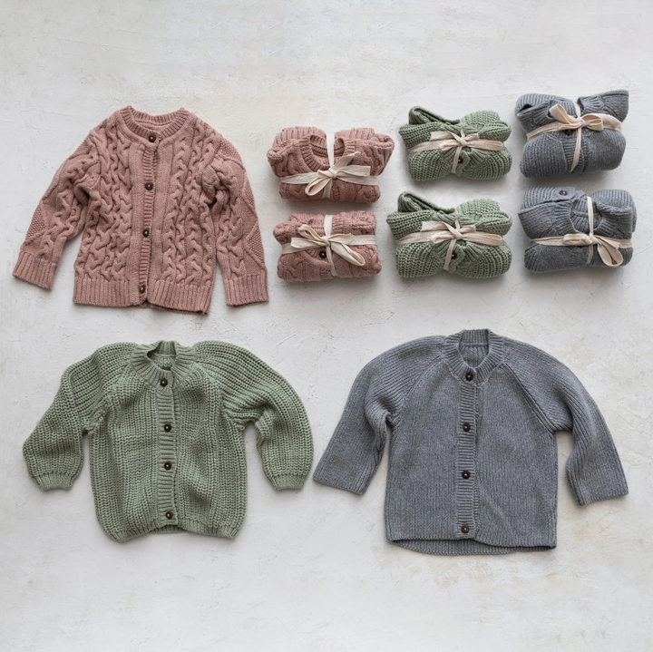 Cotton Knit Baby Sweater w/ Wood Buttons, 0-3M