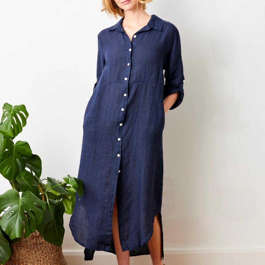 Larino Linen Button Thru Dress, Navy
