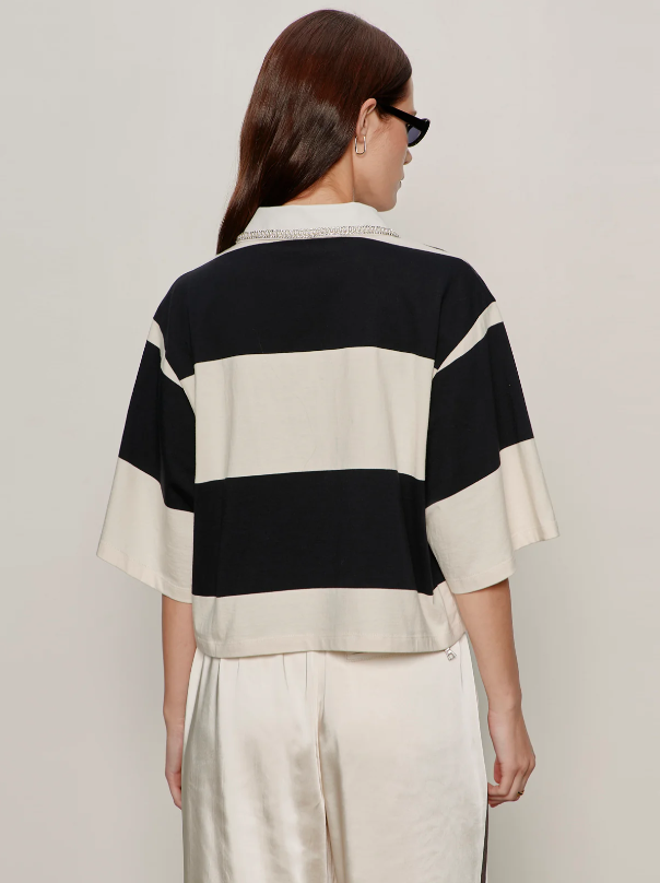 Embellished Striped Polo Tee, Collagen & Black - 13 Hub Lane   |  