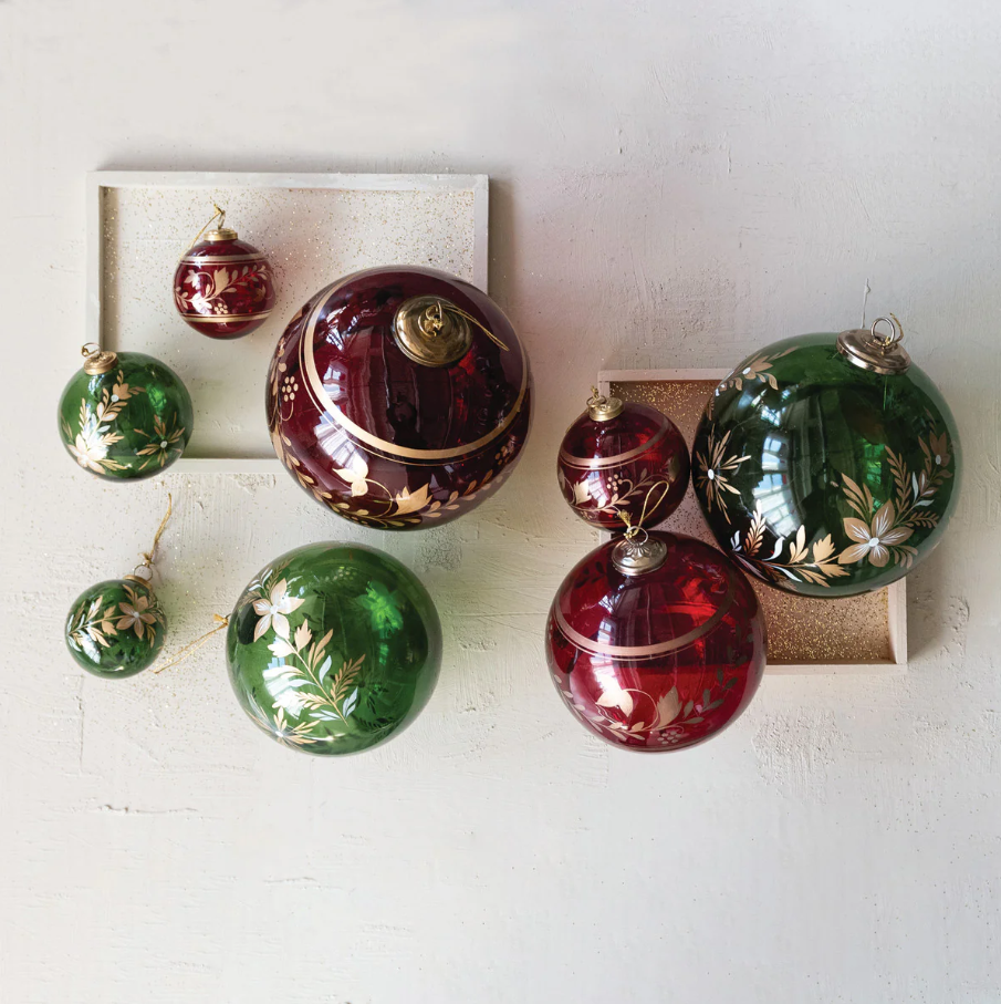 Botanical Glass Ball Ornament, Green & Gold - Thumbnail 2