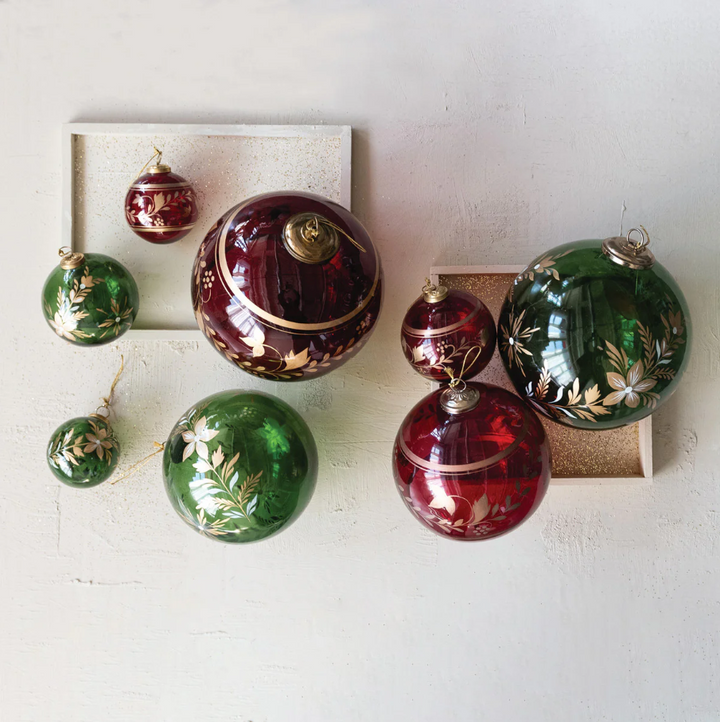Botanical Glass Ball Ornament, Green & Gold - 13 Hub Lane   |  Glass Ball Ornaments