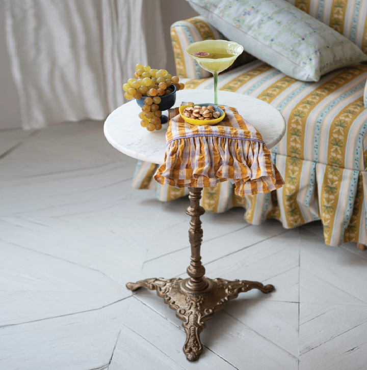Marble Side Table w/ Embossed Metal Base, White & Gold