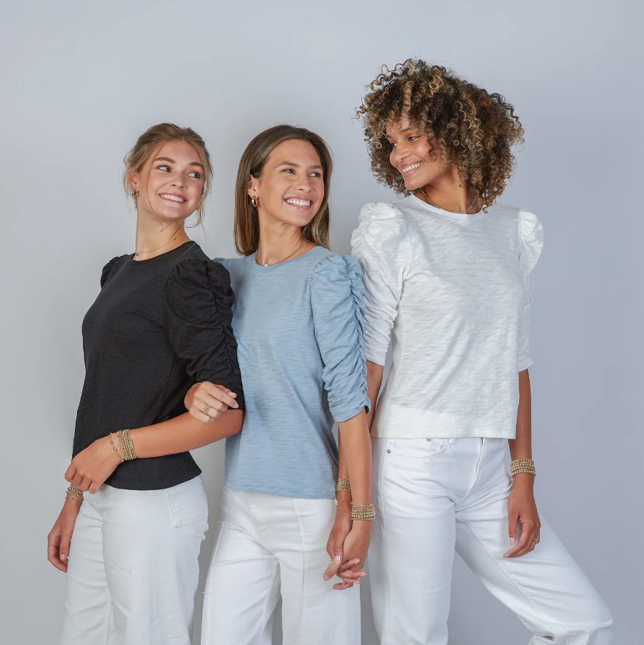 Sophie Ruched Elbow Length Tee, White - 13 Hub Lane   |  Long Sleeve Tees