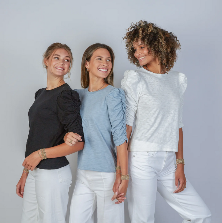 Sophie Ruched Elbow Length Tee, White - 13 Hub Lane   |  Long Sleeve Tees