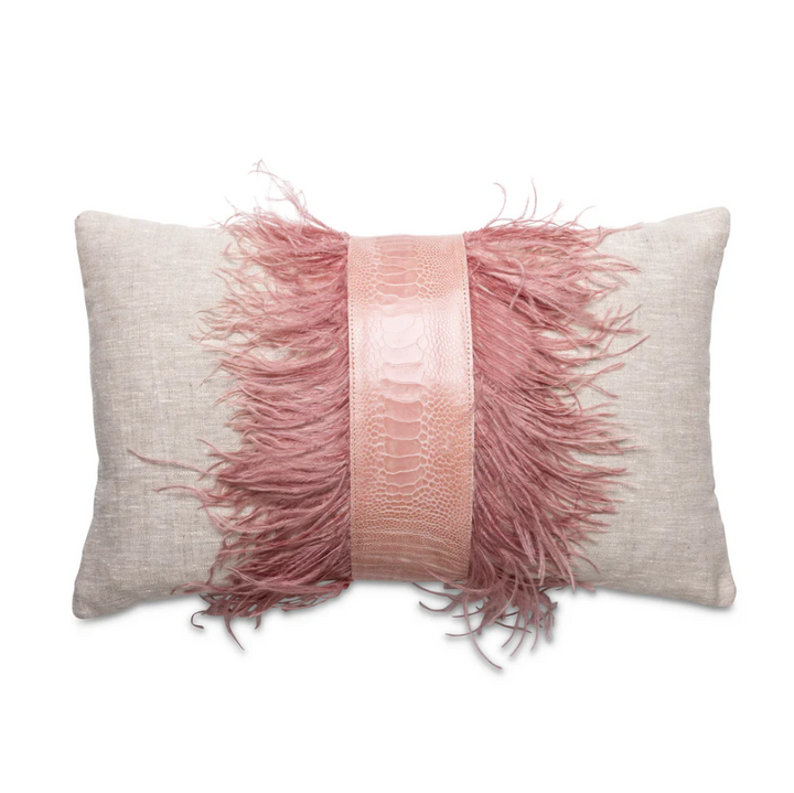 Ostrich Trim Linen Lumbar Pillow, Blush Natural - 13 Hub Lane   |  Ostrich Lumbars