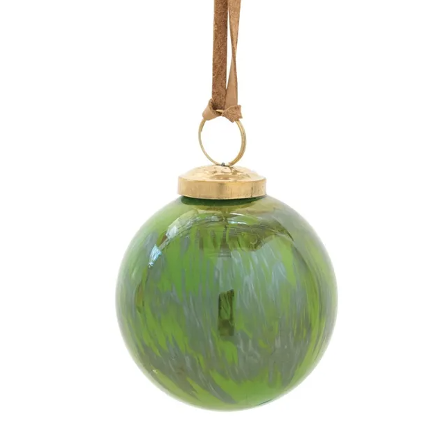 Green Marbled Glass Ornament w/ Leather Strap