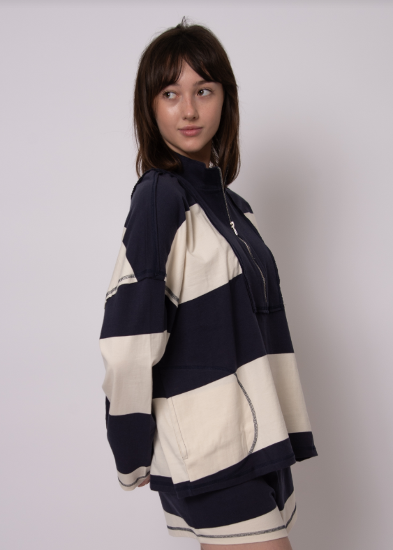 Camille Striped Jersey 1/2 Zip, Navy