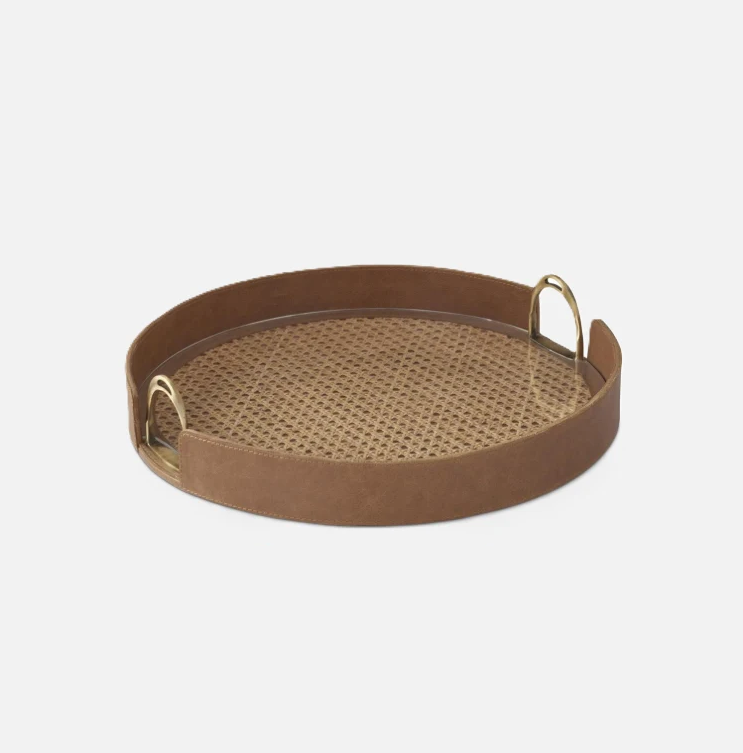 Leather & Cane Tray w/ Stirrup Handles