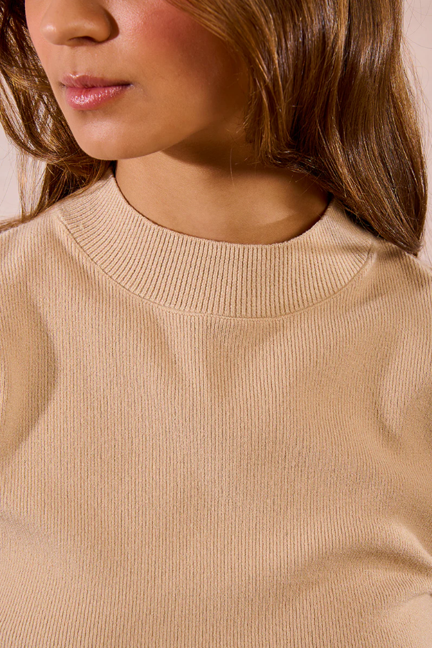 3/4 Sleeve Knit Sweater, Beige - 13 Hub Lane   |  Crewneck Sweaters