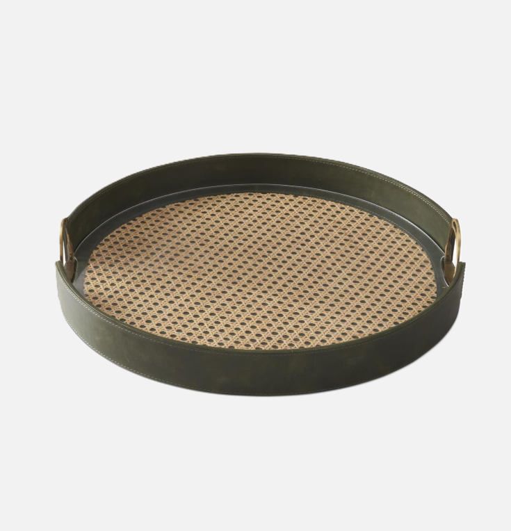 Leather & Cane Tray w/ Stirrup Handles, Green