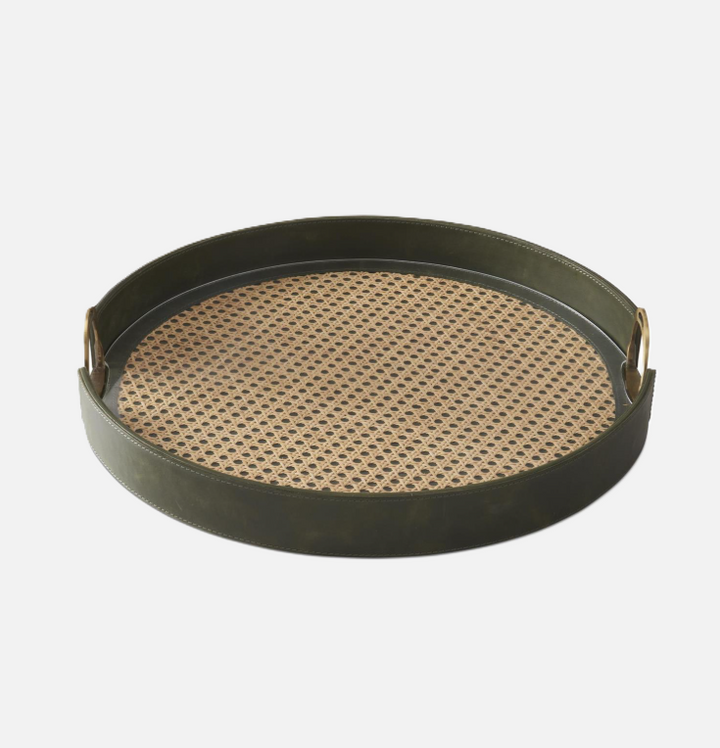 Leather & Cane Tray w/ Stirrup Handles, Green
