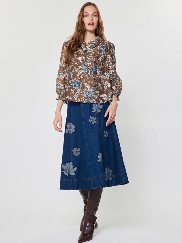 Botanical Floral Print Blouse, Blue & Brown Multi