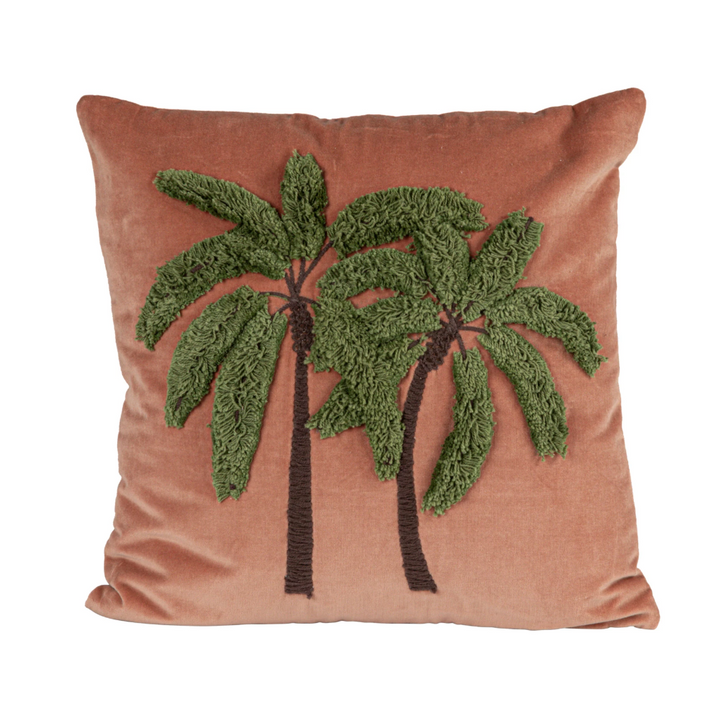 Cotton Velvet Pillow w/ Embroidered Tufted Palm Trees