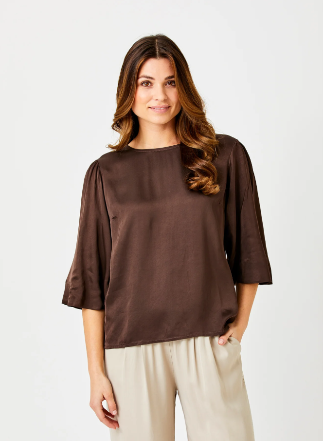 Gina Satin Wide Sleeve Top, Chocolate Brown - 13 Hub Lane   |  Wide Sleeve Tops