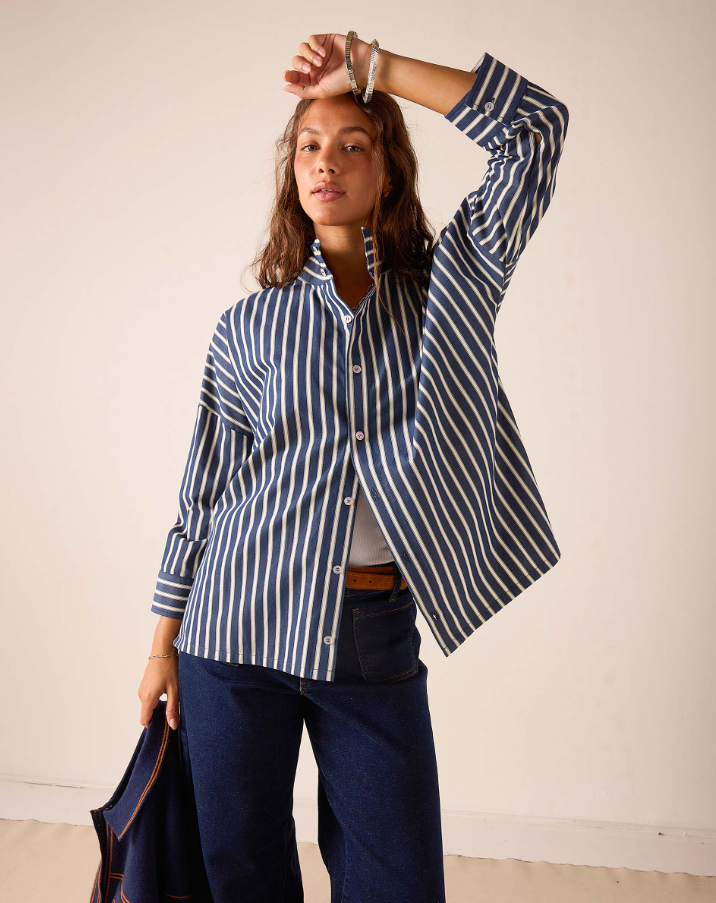 Emerson Pop Up Collar Top, Deep Blue Stripe