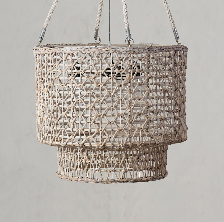 Double Barrel Hand Woven Natural Rope Chandelier, White Wash