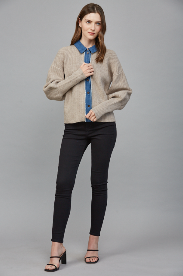 Knit Cardigan w/ Denim Collar, Light Mocha