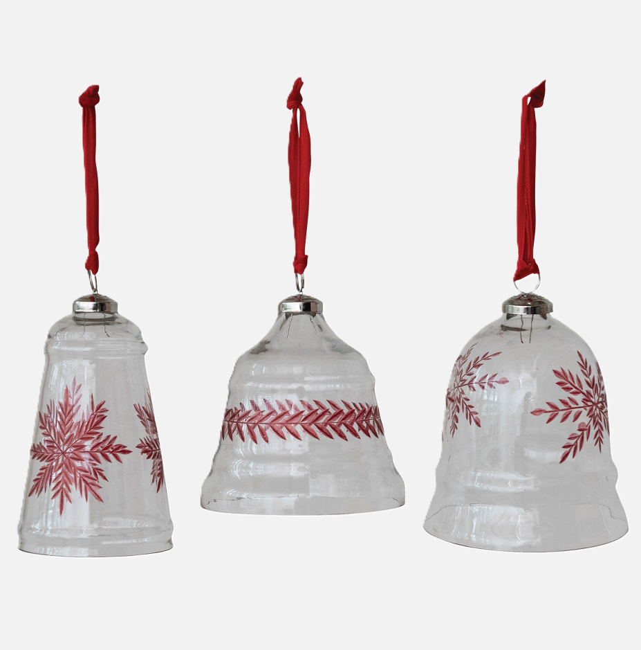 Hand-Blown Etched Glass Bell Ornament w/ Velvet Ribbon