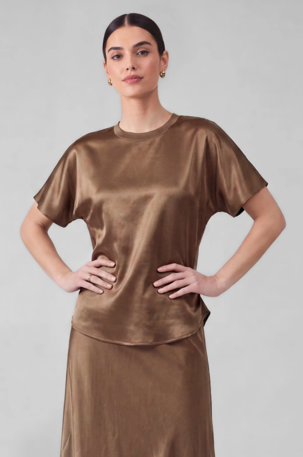 Satin Short Sleeve Top, Light Taupe
