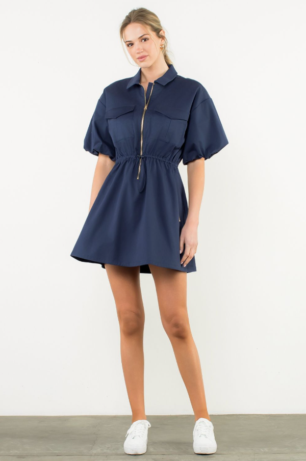 Puff Sleeve Half-Zip Dress - 13 Hub Lane   |  Mini Dresses