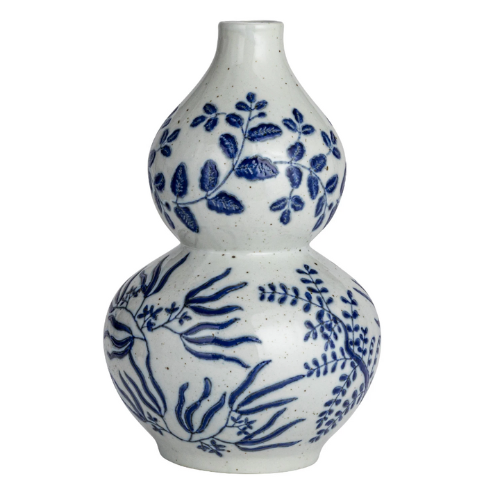 Blue & White Botanical Hand-Painted Stoneware Vase